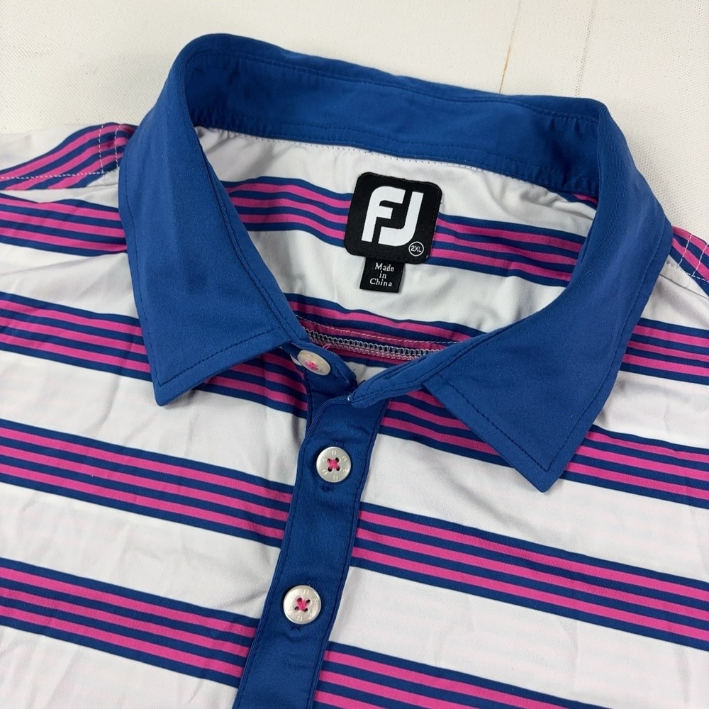 FootJoy Golf Polo Shirt Mens 2XL White Pink Blue Striped Stretch Short Sleeve
